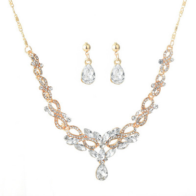 Set de bijuterii pentru femei, cu incrustație de strasuri cu frunze goale, cu pandantiv, cercei, set de cercei pentru femei