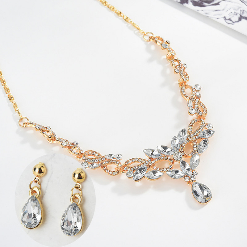 Set de bijuterii pentru femei, cu incrustație de strasuri cu frunze goale, cu pandantiv, cercei, set de cercei pentru femei