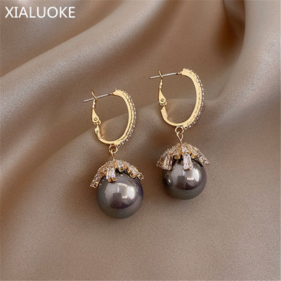 XIALUOKE S925 Adatos Fashion Temperament Circon Crystal Pearl Pakabinami auskarai moterims Retro Elegant Lady Apvalus ausų segtukas