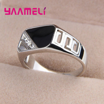 Класически мъжки мъжки пръстен с широка лента Уникален 925 стерлингов сребърен бял черен планински кристал Квадратно изявление Хип-хоп бижута