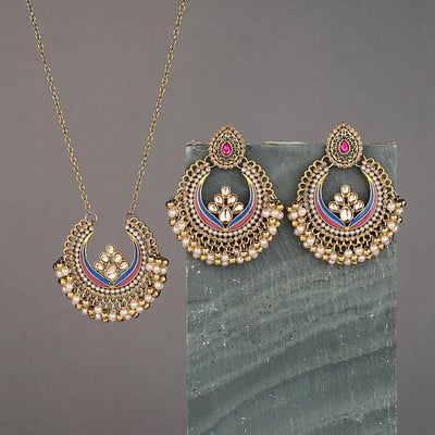 Bijuterii indiene Set de cercei/colier de culoare aurie Bijoux Flori pentru femei CZ Umerașe de bijuterii de nuntă Cercei Jhumka Boemia