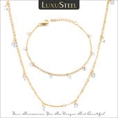 LUXUSTEEL Dainty női nyaklánc karkötő szett arany színű rozsdamentes acél CZ Crystal Charm Rolo lánc ékszer szett Valentin ajándék
