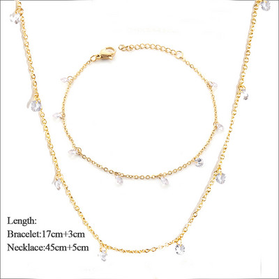 LUXUSTEEL Dainty női nyaklánc karkötő szett arany színű rozsdamentes acél CZ Crystal Charm Rolo lánc ékszer szett Valentin ajándék