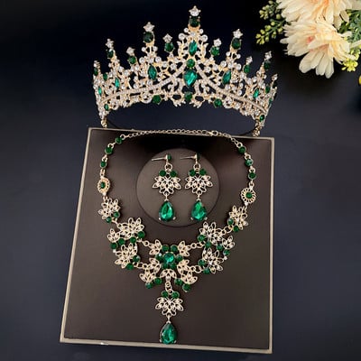 Barokiniai vintažiniai žali krištoliniai vestuvinių papuošalų rinkiniai Kalnų krištolas Tiara Crown Stud Auskarai Choker Kaklo papuošalai Vestuvių Dubajaus papuošalų rinkinys