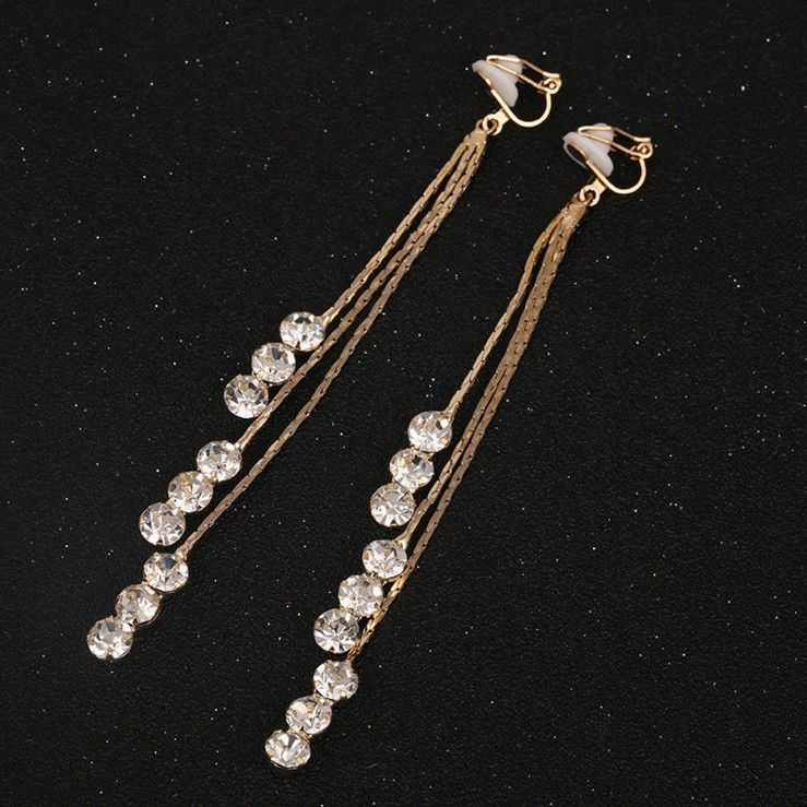 Klasszikus luxus menyasszonyi strasszos kör alakú hosszú bojt csíptető fülbevalón, nem piercinges női fülbevaló