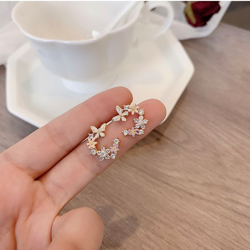 Cercei tip fluture cu flori de modă coreeană pentru femei AAA Zircon Frunze rafinate Cercei cu cristale de perle Bijuterii de nuntă de petrecere
