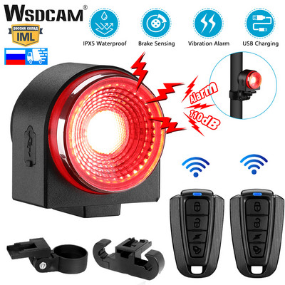 WSDCAM 2 viename dviračio galinis žibintas dviračio signalizacijos nuotolinio valdymo pultas USB įkrovimas įsilaužėlis 110db IPX5 vandeniui atsparus išmanusis stabdžių jutiklis