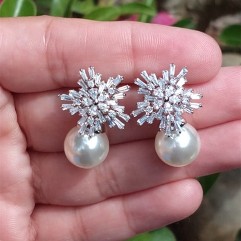 Cercei cu zirconiu cubic austriac de lux, drăguți, pentru femei, pentru nuntă, moda de nuntă, imitație de perle, floare de zăpadă, cadou de bijuterii pentru mireasă