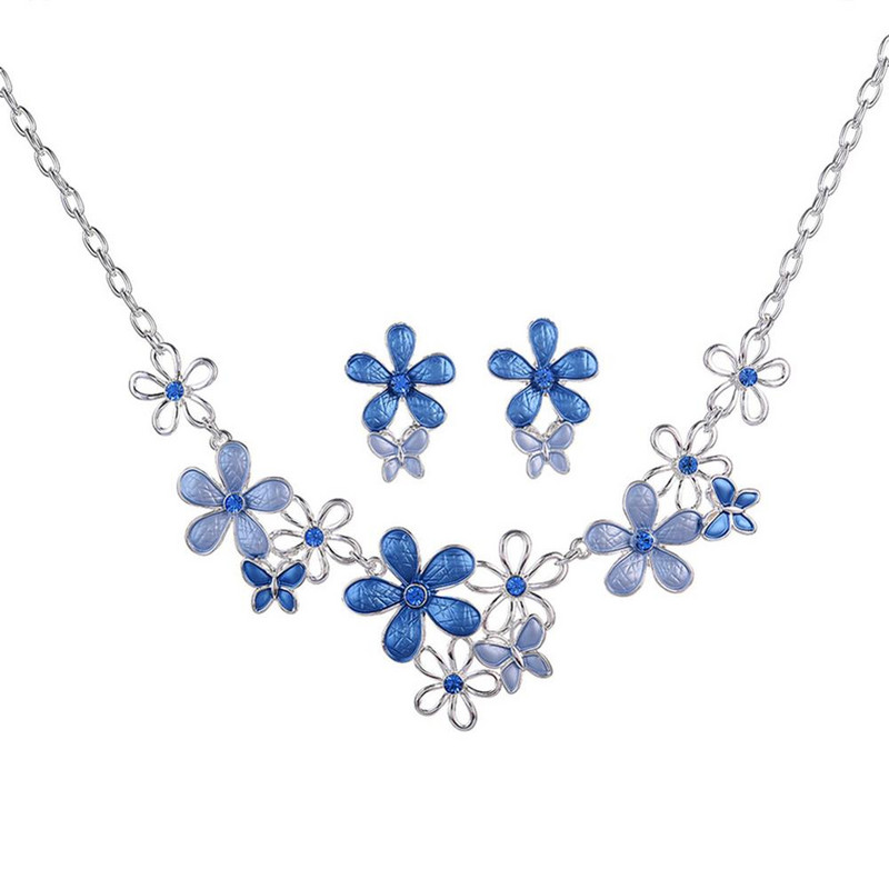 Reducere Cring Coco Magnolia Flower Bijuterii Seturi Fashion Resign Pandantiv Colieri Albastru Email Lanțuri Colier Cercei pentru femei