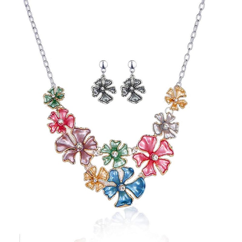 Reducere Cring Coco Magnolia Flower Bijuterii Seturi Fashion Resign Pandantiv Colieri Albastru Email Lanțuri Colier Cercei pentru femei