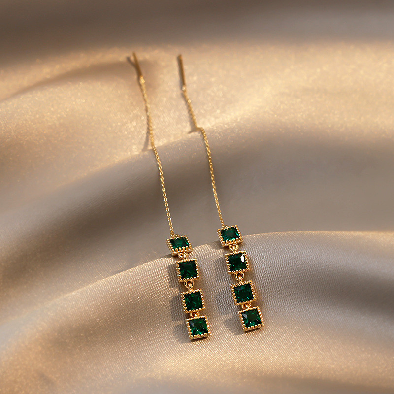 2022 Új trend Vintage zöld színű, hosszú szálú bojtos fülbevaló női lányoknak négyzet alakú medálok fülbevalók koreai divat ékszerek