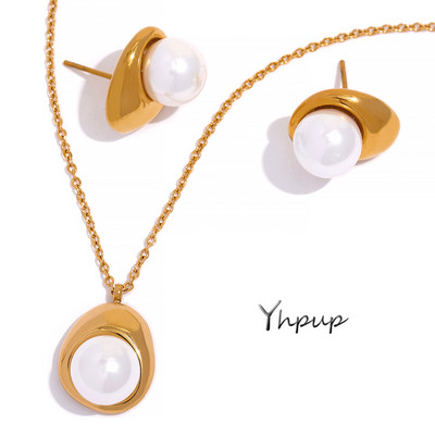 Yhpup Big Shell Pearl Stainless Steel Stud Earrings Колие Комплект бижута Fashion Party Golden Minimalist Metal Charm Jewelry