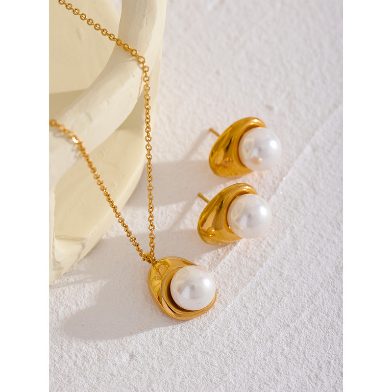 Yhpup Big Shell Pearl Cercei din oțel inoxidabil Colier Set de bijuterii Fashion Party Golden Minimalist Metal Charm Bijuterii