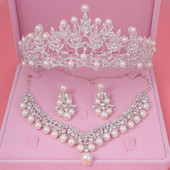 Mireasa Crystal Pearl Seturi de bijuterii de costume Nou Design Strass Colier Colier Cercei Tiara Mireasa Femei Set Bijuterii Nunta