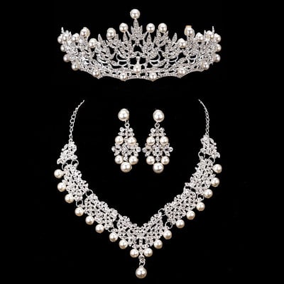 Mireasa Crystal Pearl Seturi de bijuterii de costume Nou Design Strass Colier Colier Cercei Tiara Mireasa Femei Set Bijuterii Nunta