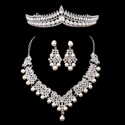 Mireasa Crystal Pearl Seturi de bijuterii de costume Nou Design Strass Colier Colier Cercei Tiara Mireasa Femei Set Bijuterii Nunta