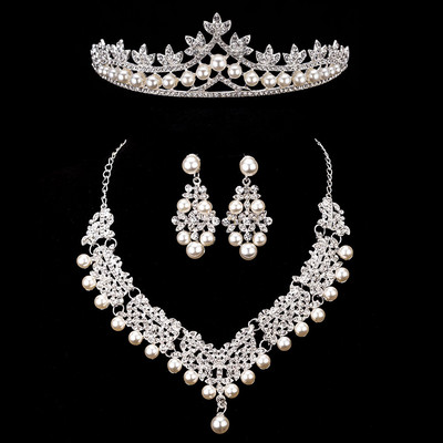 Mireasa Crystal Pearl Seturi de bijuterii de costume Nou Design Strass Colier Colier Cercei Tiara Mireasa Femei Set Bijuterii Nunta