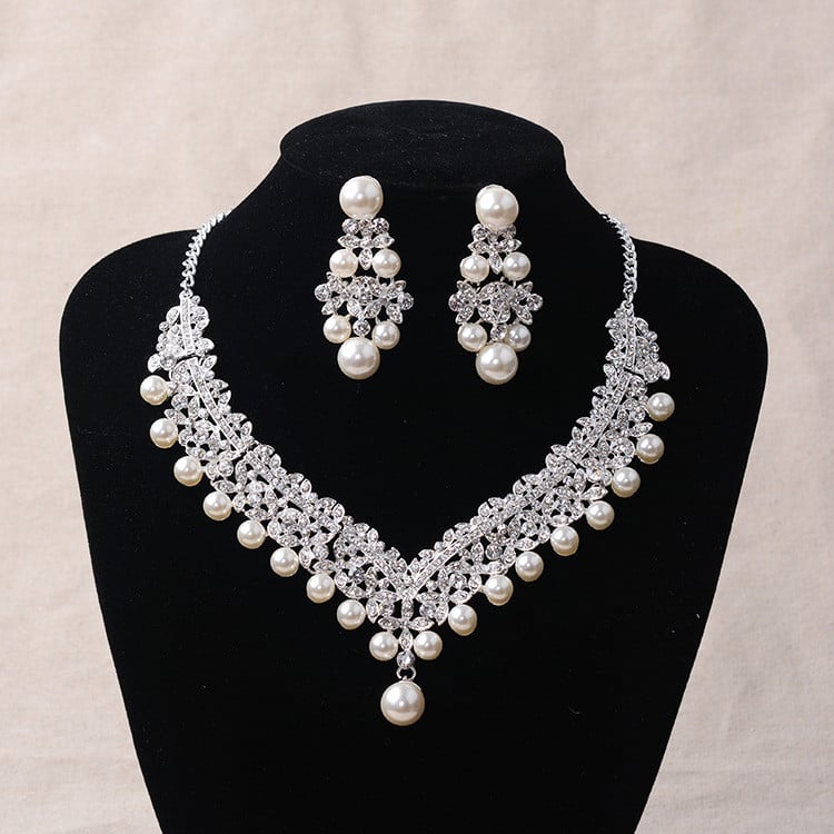 Mireasa Crystal Pearl Seturi de bijuterii de costume Nou Design Strass Colier Colier Cercei Tiara Mireasa Femei Set Bijuterii Nunta