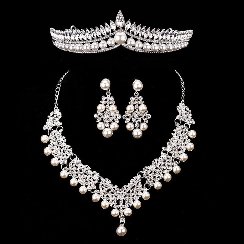Mireasa Crystal Pearl Seturi de bijuterii de costume Nou Design Strass Colier Colier Cercei Tiara Mireasa Femei Set Bijuterii Nunta