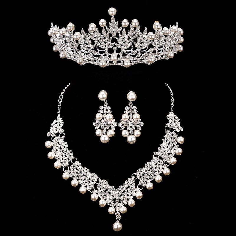 Mireasa Crystal Pearl Seturi de bijuterii de costume Nou Design Strass Colier Colier Cercei Tiara Mireasa Femei Set Bijuterii Nunta