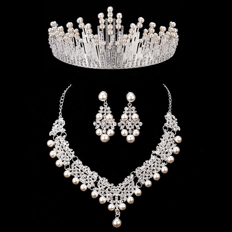 Mireasa Crystal Pearl Seturi de bijuterii de costume Nou Design Strass Colier Colier Cercei Tiara Mireasa Femei Set Bijuterii Nunta
