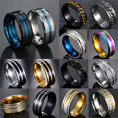 Moda bărbătească 8 MM Negru periat Ladder Edge Inel din oțel inoxidabil Blue Groove Bărbați Verighă Cadouri pentru bărbați