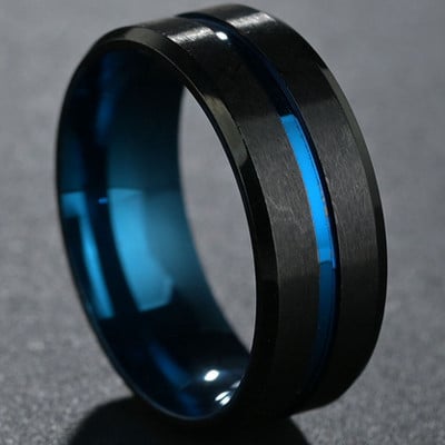 Moda bărbătească 8 MM Negru periat Ladder Edge Inel din oțel inoxidabil Blue Groove Bărbați Verighă Cadouri pentru bărbați