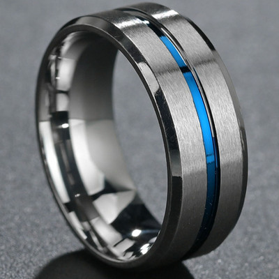 Moda bărbătească 8 MM Negru periat Ladder Edge Inel din oțel inoxidabil Blue Groove Bărbați Verighă Cadouri pentru bărbați