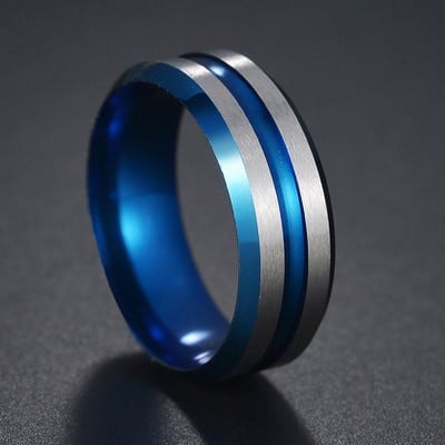 Moda bărbătească 8 MM Negru periat Ladder Edge Inel din oțel inoxidabil Blue Groove Bărbați Verighă Cadouri pentru bărbați