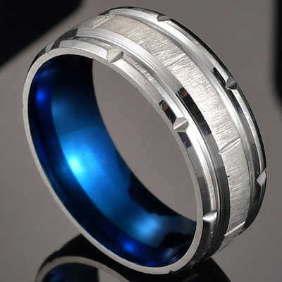 Moda bărbătească 8 MM Negru periat Ladder Edge Inel din oțel inoxidabil Blue Groove Bărbați Verighă Cadouri pentru bărbați