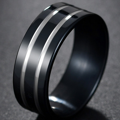 Moda bărbătească 8 MM Negru periat Ladder Edge Inel din oțel inoxidabil Blue Groove Bărbați Verighă Cadouri pentru bărbați