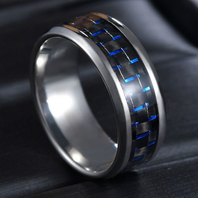 Moda bărbătească 8 MM Negru periat Ladder Edge Inel din oțel inoxidabil Blue Groove Bărbați Verighă Cadouri pentru bărbați