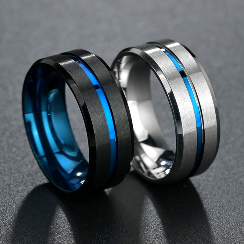 Moda bărbătească 8 MM Negru periat Ladder Edge Inel din oțel inoxidabil Blue Groove Bărbați Verighă Cadouri pentru bărbați