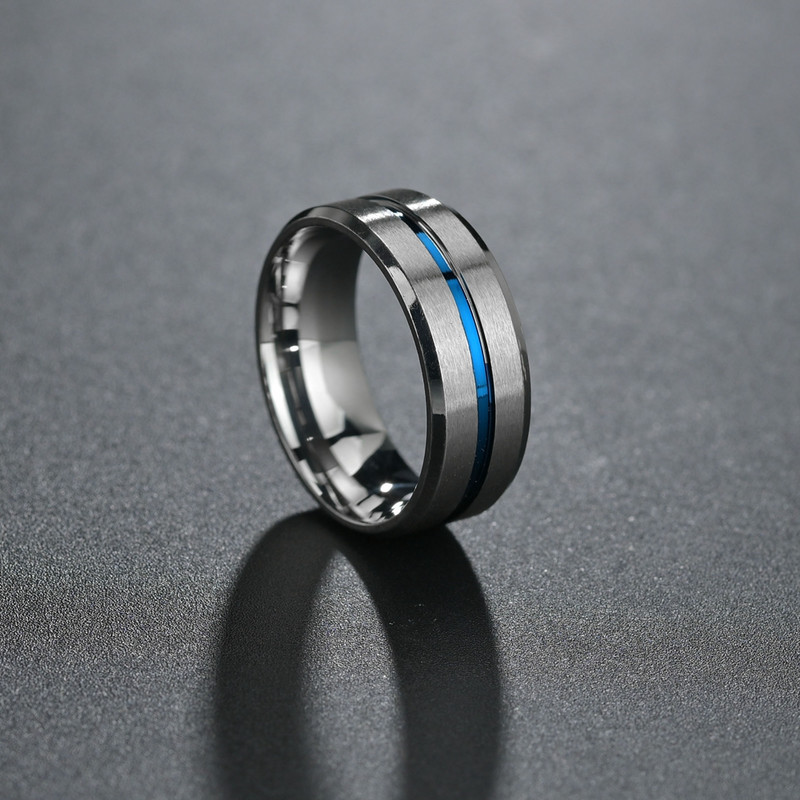 Moda bărbătească 8 MM Negru periat Ladder Edge Inel din oțel inoxidabil Blue Groove Bărbați Verighă Cadouri pentru bărbați