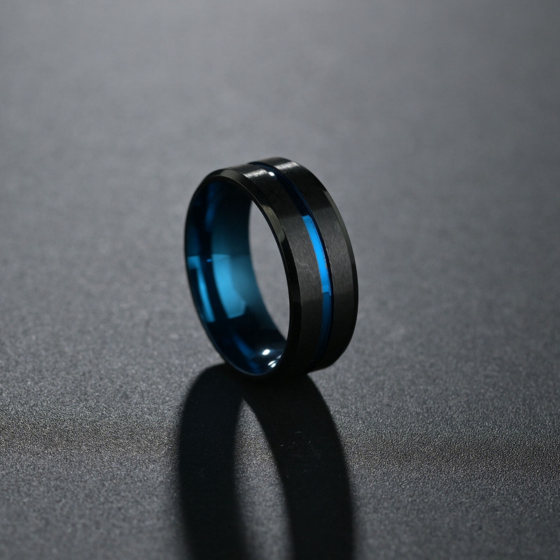 Moda bărbătească 8 MM Negru periat Ladder Edge Inel din oțel inoxidabil Blue Groove Bărbați Verighă Cadouri pentru bărbați