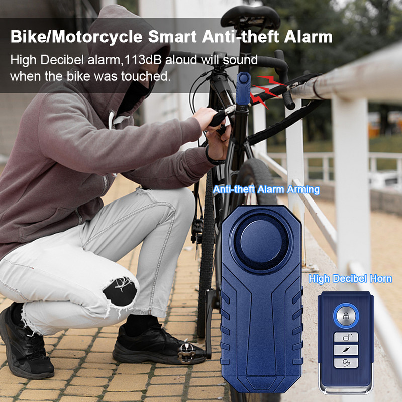 Alarma pentru motociclete cu telecomandă WSDCAM, 113dB, impermeabilă, fără fir pentru bicicletă, protecție de securitate, alarmă antifurt pentru mașină electrică