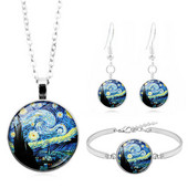 Van Gogh Cer înstelat Pictură în ulei Cabochon pandantiv din sticlă Colier Brățară Cercei Set de bijuterii Total 4 bucăți pentru moda femeilor