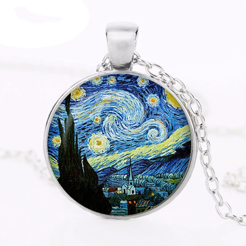 Van Gogh Cer înstelat Pictură în ulei Cabochon pandantiv din sticlă Colier Brățară Cercei Set de bijuterii Total 4 bucăți pentru moda femeilor
