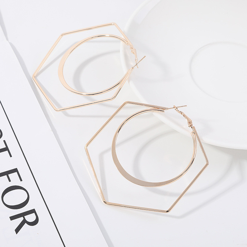 Velike šesterokutne prstenaste naušnice za žene Pretjerano šuplje geometrijske upečatljive naušnice zlatne boje Metalne prstenaste naušnice pendientes