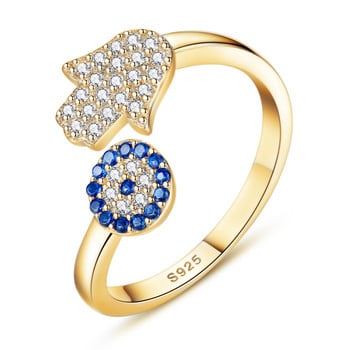 KALETINE 925 стерлингово сребро Evil Eye Blue Eye Hamsa Hand Fatima Hand Регулируеми женски пръстени Отворен размер Пръстен Сватбени бижута