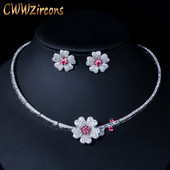 CWWZircons CZ Crystal Red Rose Flower Women Choker Colier și cercei Set de bijuterii de mireasă pentru accesorii pentru rochie de mireasă T211
