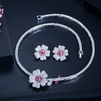 CWWZircons CZ Crystal Red Rose Flower Women Choker Колие и обеци Комплект булчински бижута за аксесоари за сватбена рокля T211