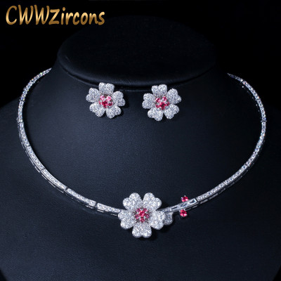 CWWZircons CZ Crystal Red Rose Flower Γυναικείο κολιέ και σκουλαρίκια τσόκερ σετ νυφικών κοσμημάτων για αξεσουάρ νυφικών T211