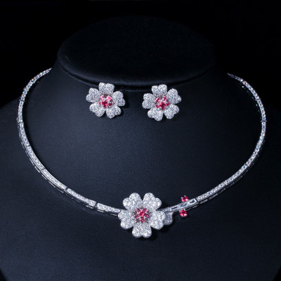 CWWZircons CZ Crystal Red Rose Flower Women Choker Colier și cercei Set de bijuterii de mireasă pentru accesorii pentru rochie de mireasă T211