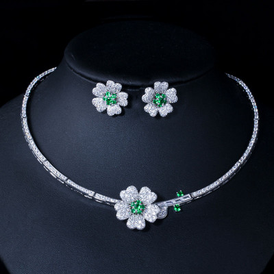 CWWZircons CZ Crystal Red Rose Flower Women Choker Colier și cercei Set de bijuterii de mireasă pentru accesorii pentru rochie de mireasă T211