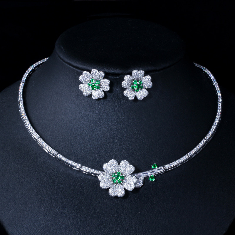 CWWZircons CZ Crystal Red Rose Flower Women Choker Colier și cercei Set de bijuterii de mireasă pentru accesorii pentru rochie de mireasă T211