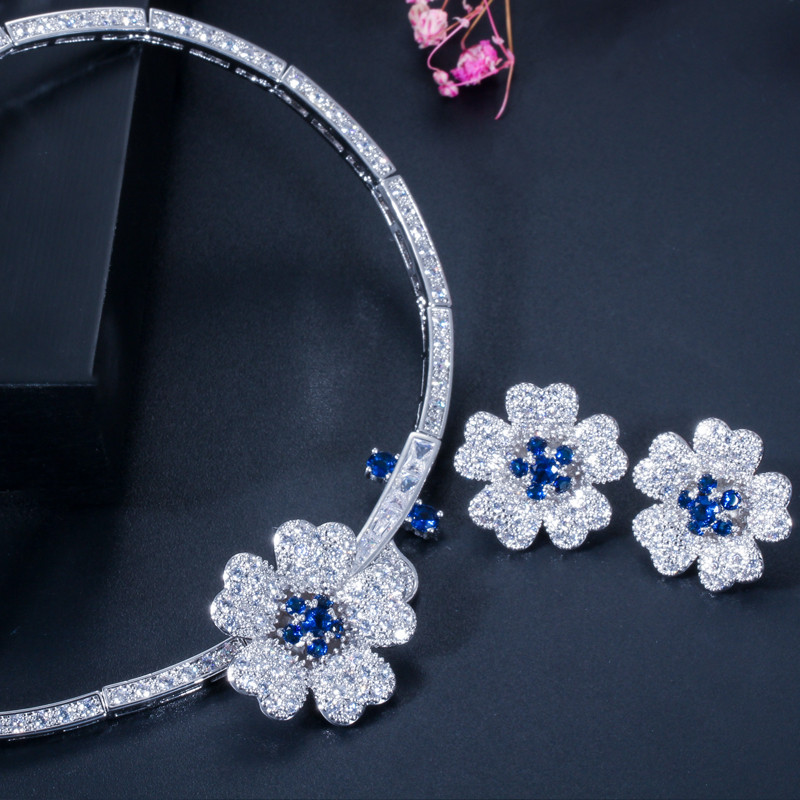 CWWZircons CZ Crystal Red Rose Flower Women Choker Colier și cercei Set de bijuterii de mireasă pentru accesorii pentru rochie de mireasă T211
