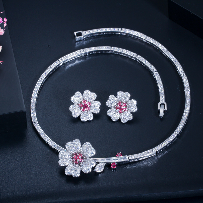 CWWZircons CZ Crystal Red Rose Flower Women Choker Colier și cercei Set de bijuterii de mireasă pentru accesorii pentru rochie de mireasă T211