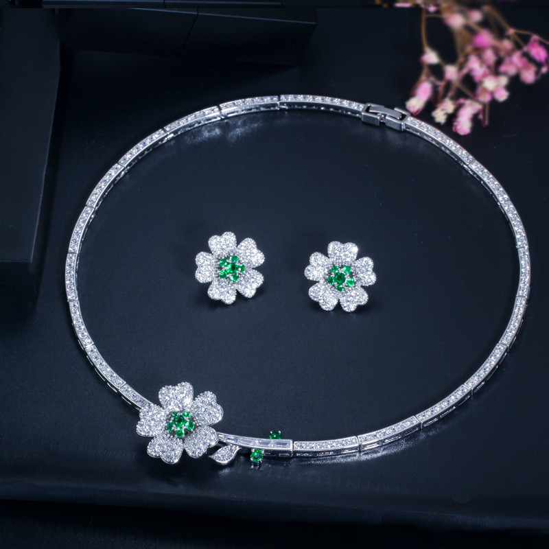 CWWZircons CZ Crystal Red Rose Flower Women Choker Colier și cercei Set de bijuterii de mireasă pentru accesorii pentru rochie de mireasă T211
