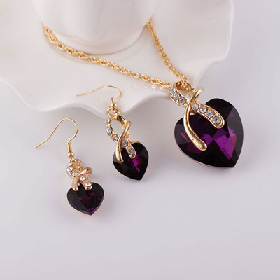 Set de bijuterii, multicolore de lux, 2 paturi de inimă, cercei, colier de cristal, pentru femei, logodna de mireasă și cadou de ziua Îndrăgostiților